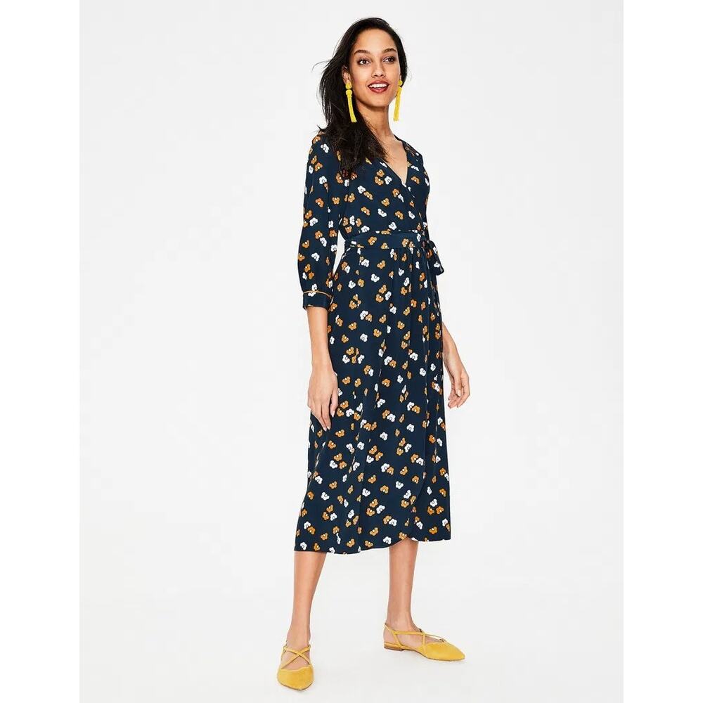 Boden Floris Midi Wrap Dress Navy Blue Yellow  Tie Waist 3/4 Sleeve Sz 4 Women's